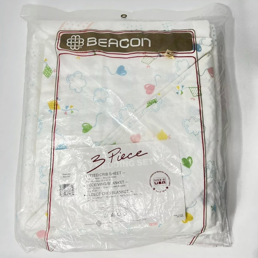 Beacon 3 Piece Baby Bedding Set Receiving Blanket Crib Sheet USA Nursery Vtg NEW
